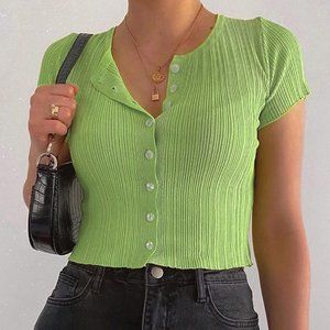 Short Sleeve Button Crop Top